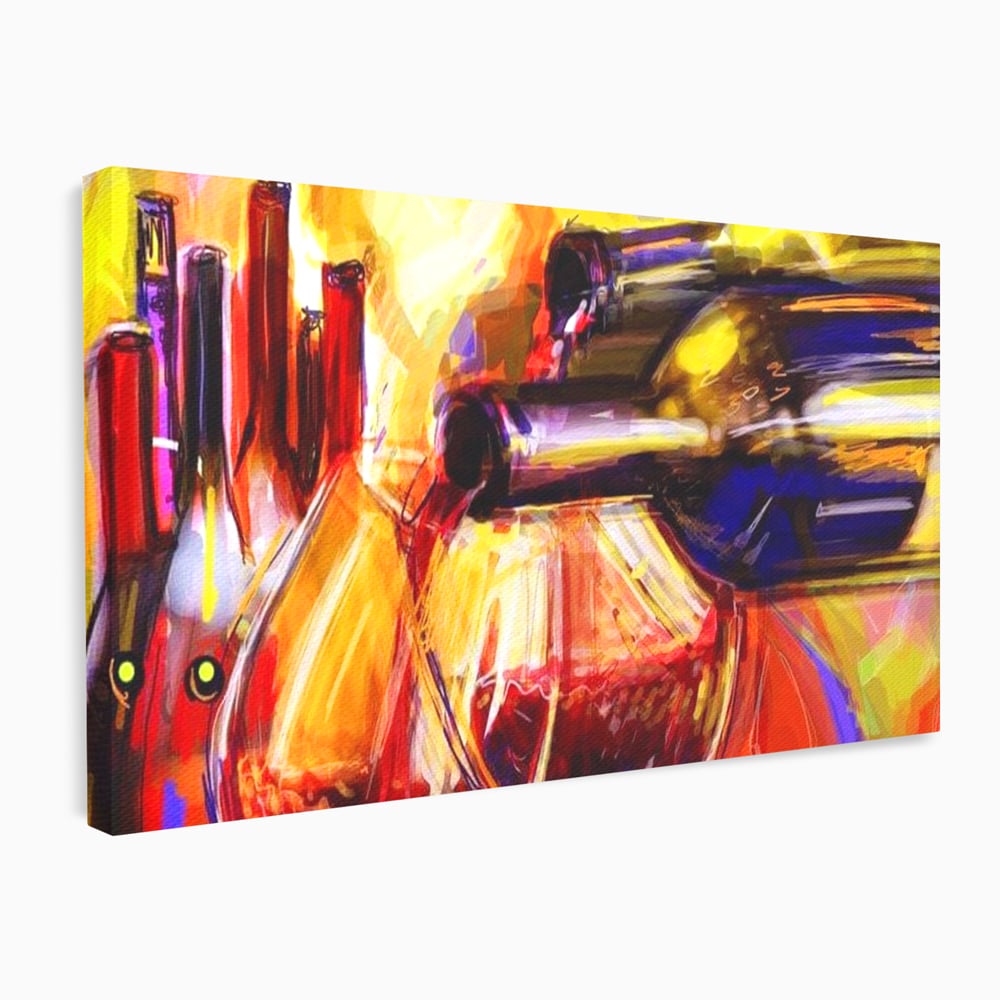 Tablou canvas cu pictura abstracta cu sticle si pahare de vin, fara rama, pe sasiu de lemn